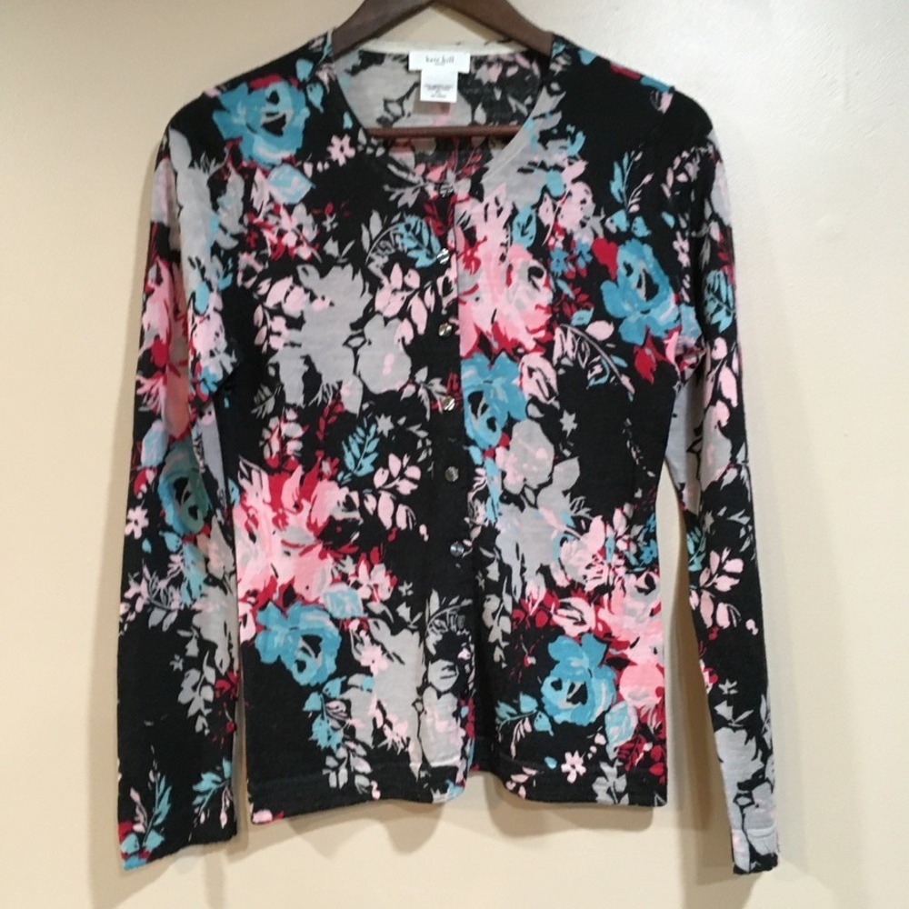 Kate‎ Hill Dark Floral Merino Wool Cardigan Sweater Sz LP Cottage Preppy Office